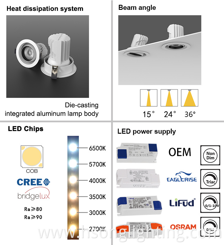 Modern Aluminum LED Down light Adjustable High Lumen COB Hotel Indoor Ceiling Recessed LED Narrow Beam SPOT LIGHT